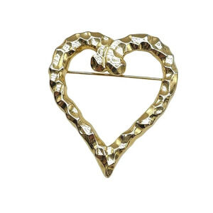 Large Hammered Heart Brooch Pin Gold Tone Vintage